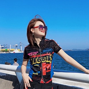 上衣女美式 蕾丝拼接拉链短袖 复古撞色字母印花机车风T恤 新款 夏季
