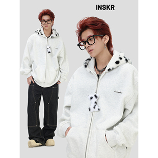 【INSKR】国潮牌美式「斑点狗拼接加绒卫衣」宽松拉链开衫外套男