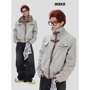 【INSKR】国潮牌美式复古「麂皮加绒立领座山雕」保暖棉衣外套男