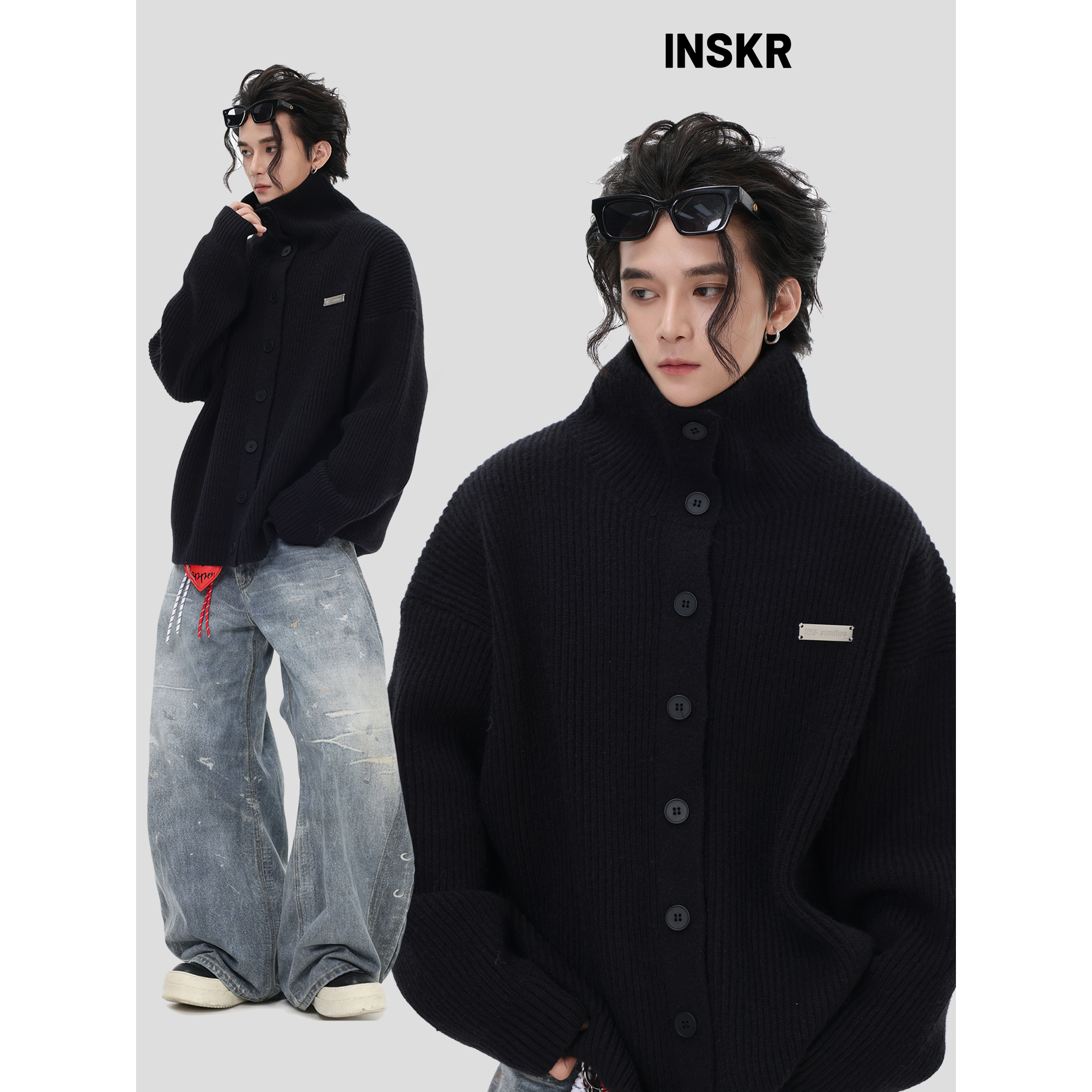 【INSKR】国潮情侣美式「粗棒针织高领毛衣」宽松开衫上衣外套男