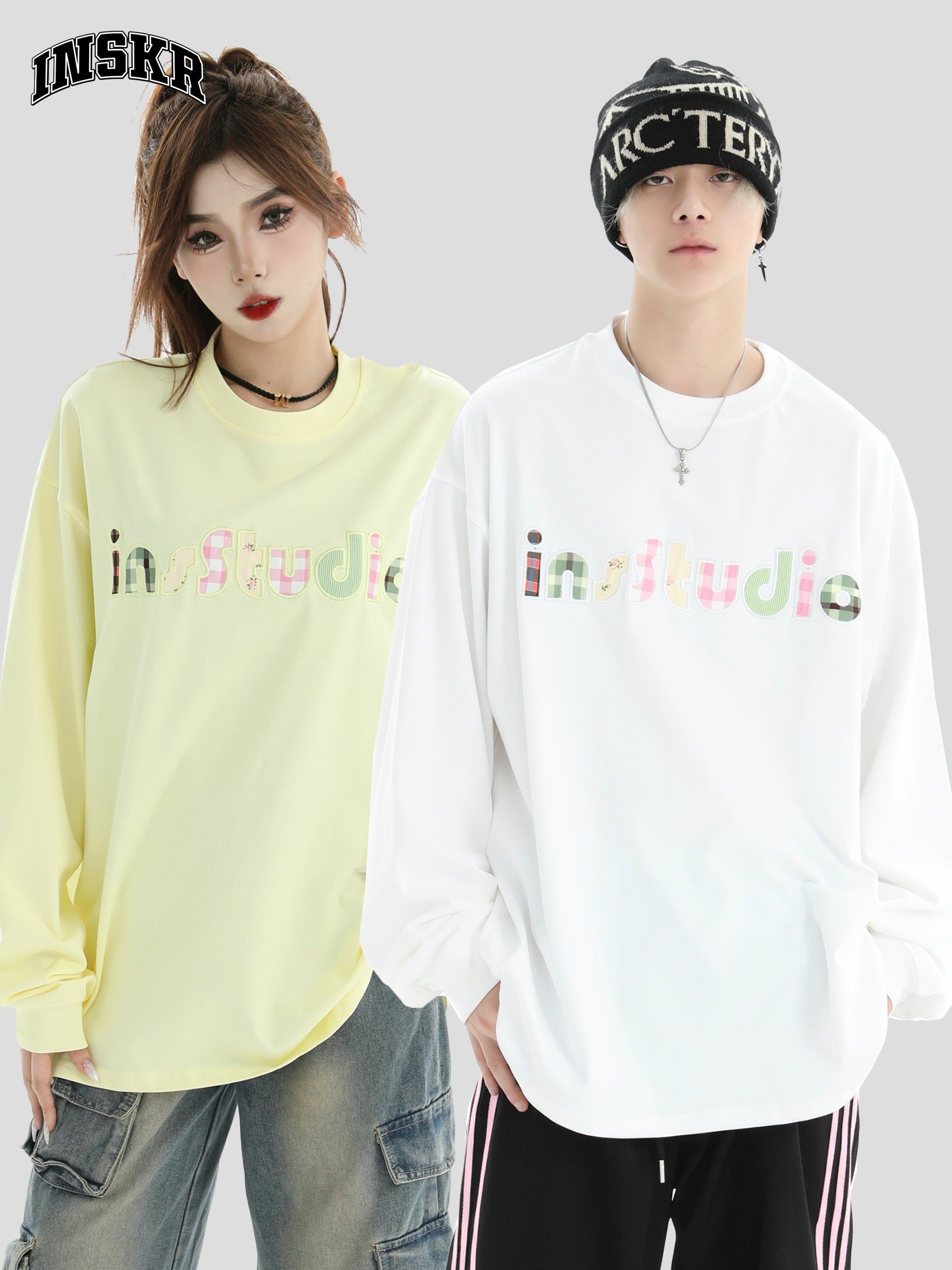 【INSKR】国潮牌情侣美式碎花贴布绣LOGO长袖宽松重磅纯棉T恤男女,男装,T恤,淘宝优惠券,粉丝福利购,淘宝优惠卷