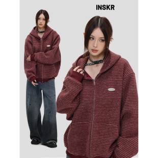 「绒感条纹连帽卫衣」宽松拉链开衫 国潮情侣美式 外套男 INSKR