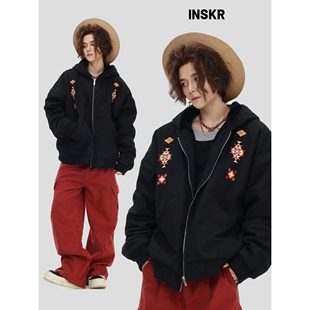 【INSKR】国潮美式「几何刺绣座山雕棉服」宽松加厚夹克外套男女