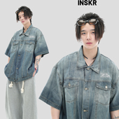 INSKR 国潮牌情侣美式 多口袋渐变水洗牛仔衬衫 宽松短袖 衬衣男