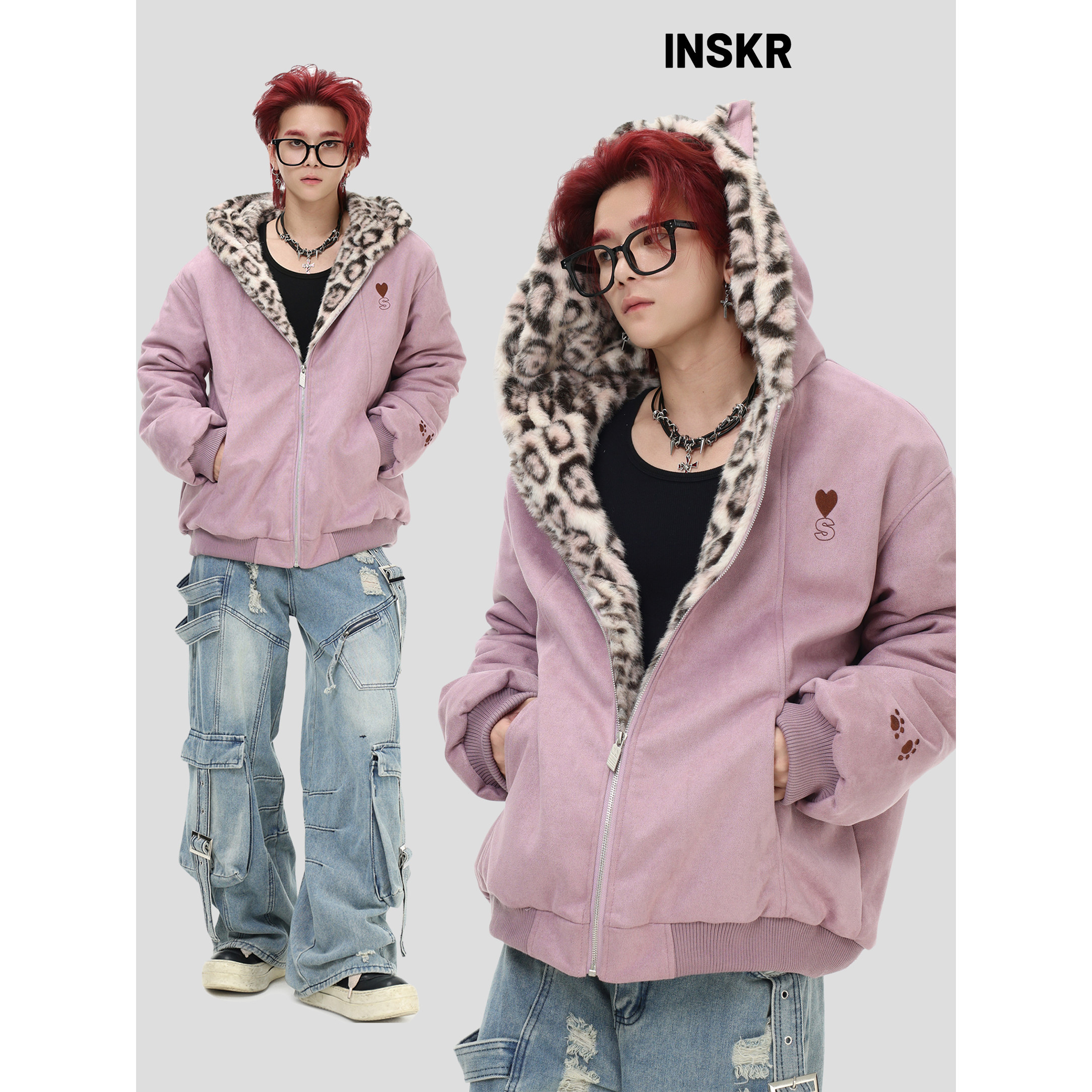 【INSKR】国潮美式「可爱兔耳保暖豹纹加厚外套」宽松棉服夹克男