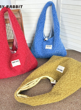 MAYRABBIT 毛绒格纹双面单肩包小众秋冬款腋下包时尚百搭托特包女