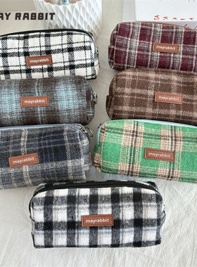 MAYRABBIT 新款韩系毛呢格纹笔袋学生复古文具袋多功能外出收纳包