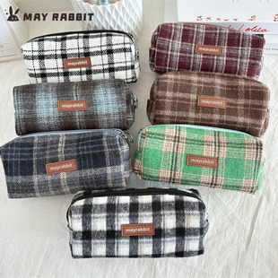 MAYRABBIT 韩系毛呢格纹笔袋学生复古文具袋多功能外出收纳包 新款