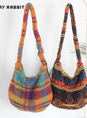 MAYRABBIT 秋冬款毛绒复古印花斜挎包小众抽绳单肩包大容量通勤包