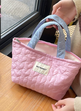 七公主的口袋 ins撞色手提包刺绣爱心便当包大容量双层拉链妈咪包