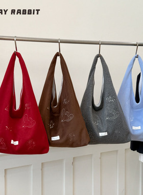 MAYRABBIT 小众飞鸟刺绣单肩包毛呢时尚托特包慵懒感腋下包手提包