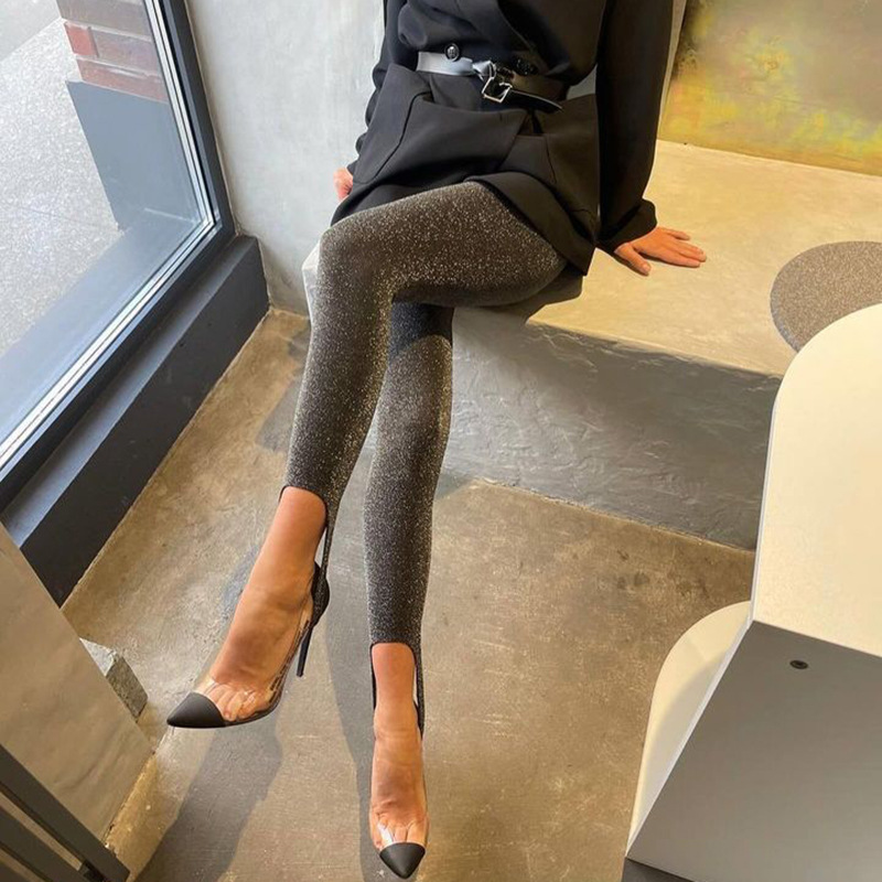 紧身运动风长裤针织亮丝高弹