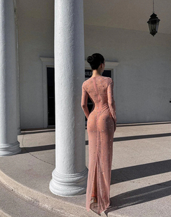 过渡性感名媛轻奢重工烫钻透明罩衫 连衣裙 欧美风大牌走秀网纱长袖