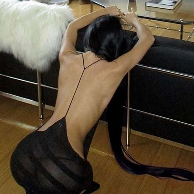 夜店风新款辣妹性感侧开叉大露背条纹宽松透视连衣裙长裙闺房私服