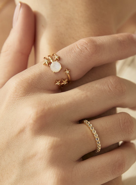 LuvLoops原创设计Stella星夜月光石戒指星星开口戒指调节小众纯银