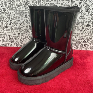 2025年冬加绒防水加厚黑色真皮7cm隐形内增高漆皮中筒雪地靴 女