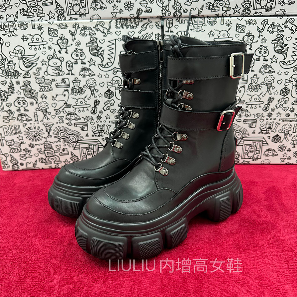 黑色真皮9cm内增高朋克风马丁靴