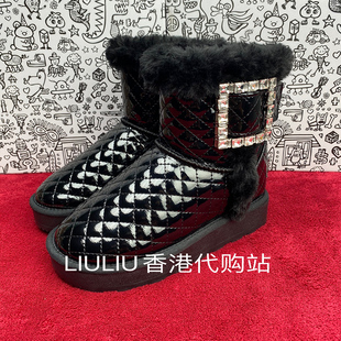 四方钻扣黑色菱格纹短筒内增高雪地靴女UF710ACL 时尚 2022冬季 新款