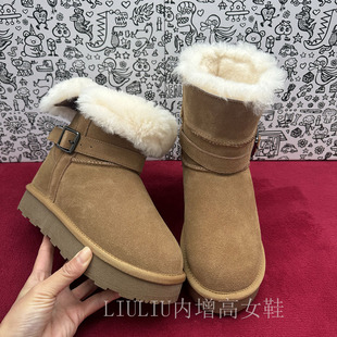 加绒保暖短靴皮带扣驼色两棉靴 厚底雪地靴女冬季 隐形内增高7CM