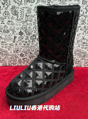 2025冬季新品7.5cm黑色方格珠片厚底内增高中筒雪地靴女UF708FFC