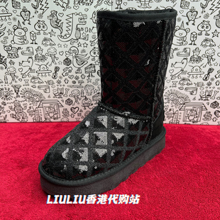 2025冬季 7.5cm黑色方格珠片厚底内增高中筒雪地靴女UF708FFC 新品