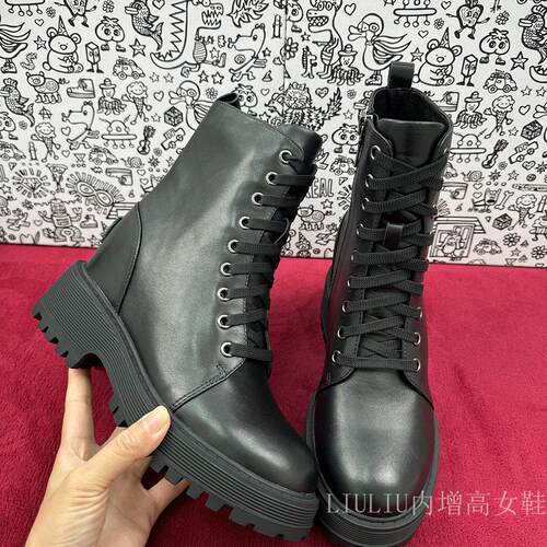 11cm内增高黑色真皮马丁靴女鞋