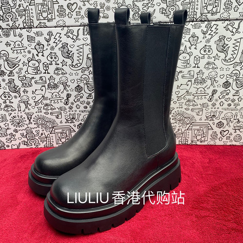 黑色真皮内增高9cm方头烟筒靴