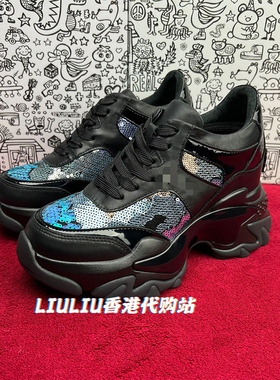 2025春季新款隐形内增高厚底9CM黑色珠片超轻款休闲运动老爹女鞋