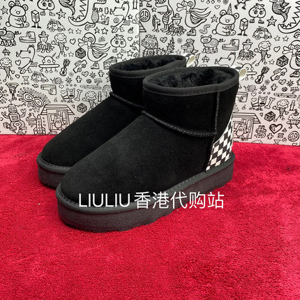 周冬雨同款隐形7cm真皮内增高矮筒保暖黑色棋盘格休闲厚底雪地靴