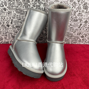 冬季 厚底隐形内增高9cm银色牛皮光面防水防滑中筒雪地靴女 新品