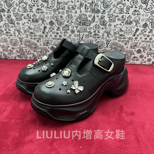 隐形增高9CM女包头金属洞洞鞋
