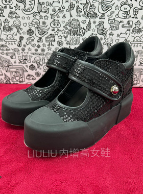 春新品厚底隐形内增高8cm优雅亮片玛丽珍鞋黑色小香风女YF698ABS