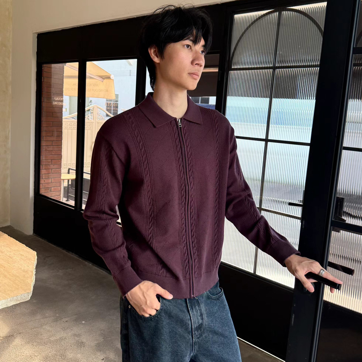 寅邱YINQIU秋款翻领拉链纽针织衫/毛衣
