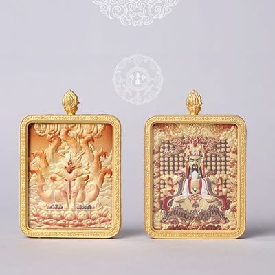 纯手工九尾狐龙五爷财神双面唐卡