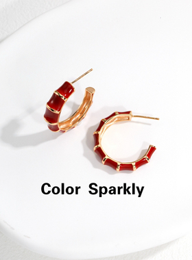 Color Sparkly小众轻奢设计S925银红色滴釉竹节耳环时尚简约耳饰