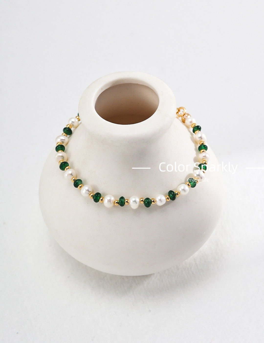 Color Sparkly小众轻奢设计纯银珍珠绿宝石满天星手链简约时尚