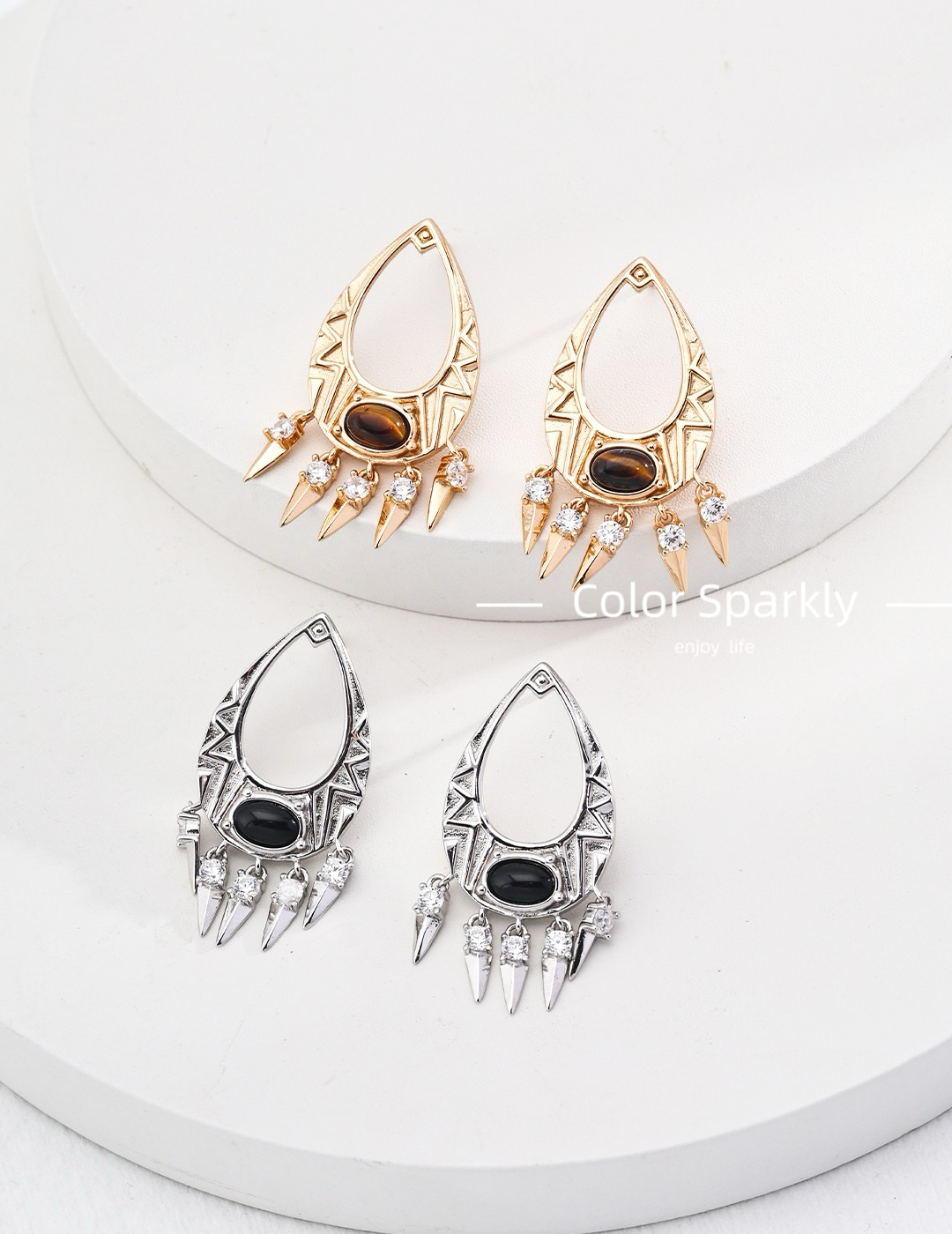 Color Sparkly小众设计感耳饰意大利镂空流苏耳圈虎眼石复古耳环