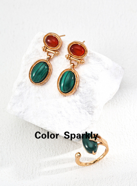S925纯银耳环女孔雀石红色耳环新中式轻奢高级感气质耳环耳饰