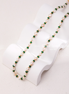 Color Sparkly小众轻奢设计锁骨链珍珠绿宝石项链小清新系列