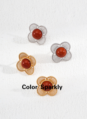 镂空花朵S925纯银耳钉红色耳饰女高级感轻奢重工2025新款耳环