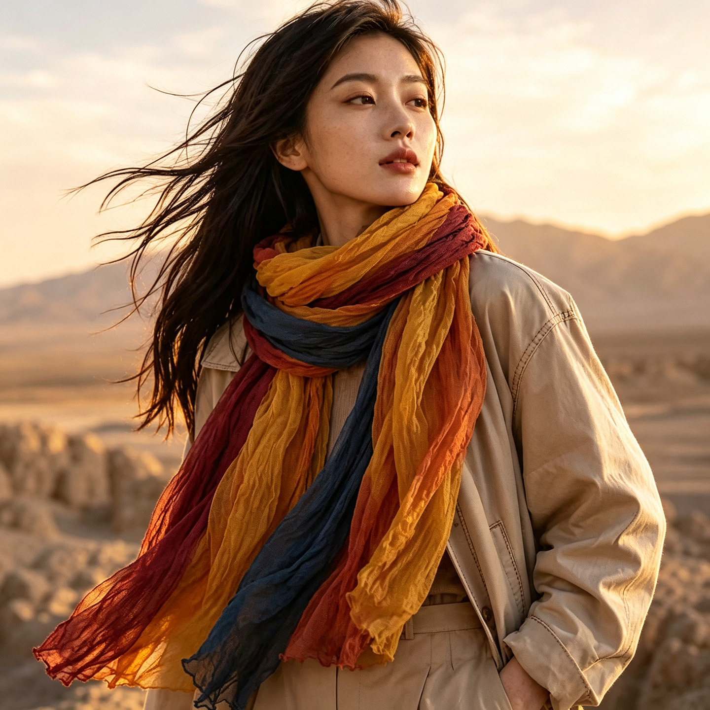 棉麻围巾女2026新款秋冬季韩版拼色文艺百搭长款薄披肩亚麻丝巾