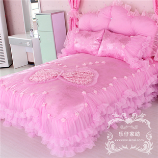 床品婚庆夏季 床品套件 公主粉色贡缎全棉四件套床裙式 纯棉蕾丝韩式
