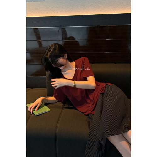 V领短袖T恤女夏季纯色打底衫上衣