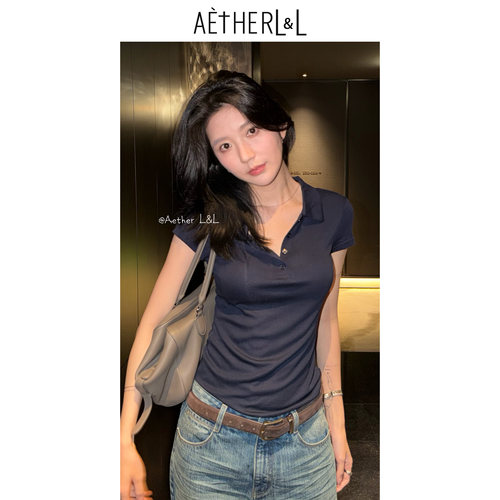 AETHERLL 藏青色Polo领短袖T恤女夏季修身显瘦上衣 W26276-08