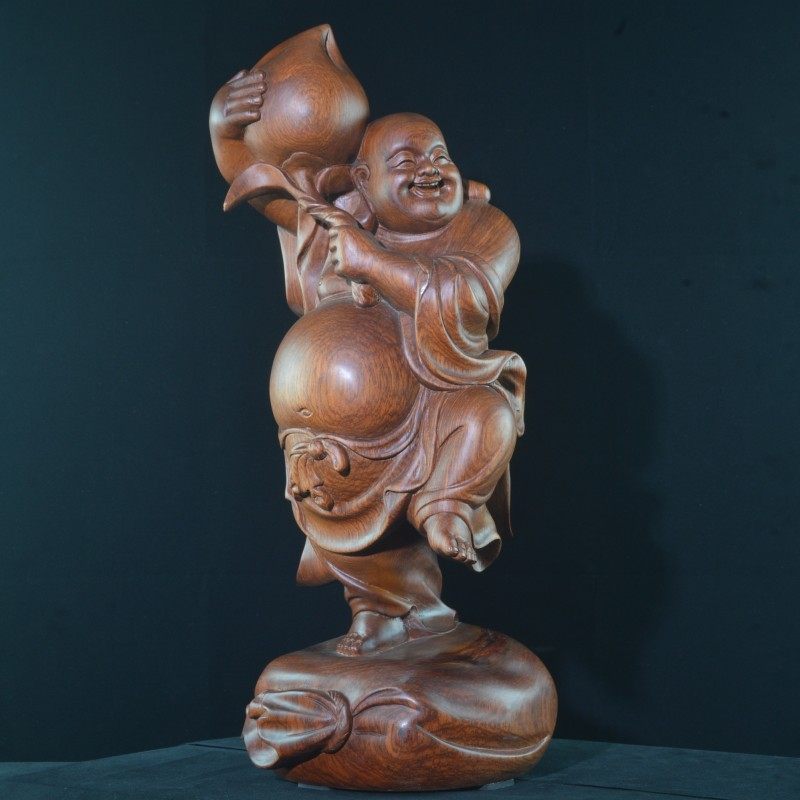 红木弥勒佛木雕缅甸花梨木笑佛中式玄关纯手工雕刻工艺品实木摆件