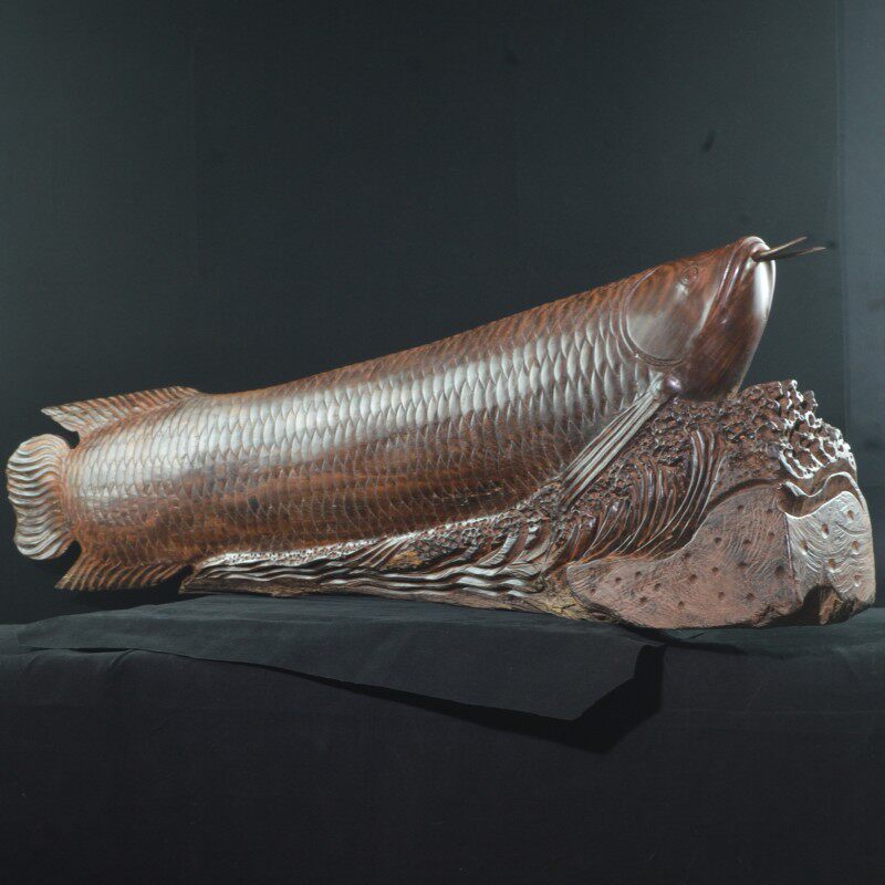 老挝大红酸枝金龙鱼木雕中式客厅玄关摆件红木风化老料纯手工雕刻