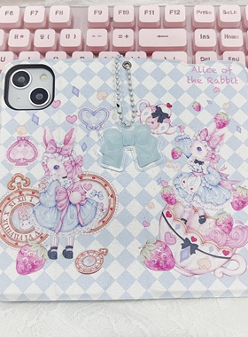 原创爱丽丝兔兔翻盖折叠手机壳适用苹果16151413华为小米安卓三星