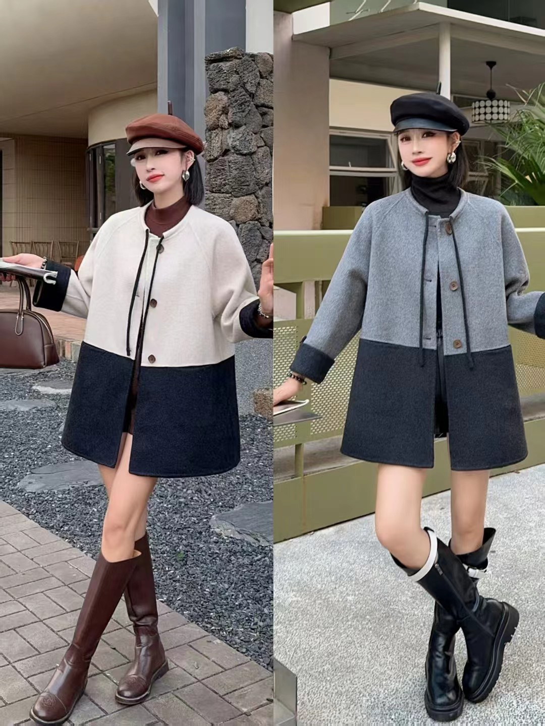 2025秋冬新款爆款拼接时尚羊绒大衣女中长款韩版宽松羊毛呢子外套