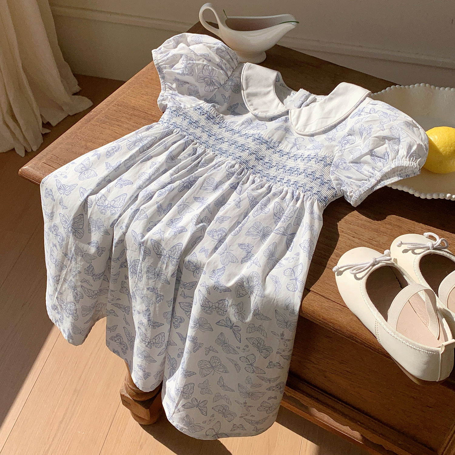 女童碎花smocking打揽连衣裙80-134短袖夏洛特公主同款新款复古裙