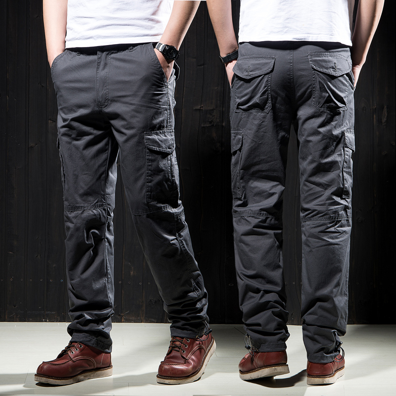 秋季薄款男士直筒纯棉户外运动多口袋时尚工装裤松紧腰潮休闲长裤